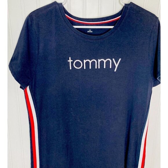 Tommy Hilfiger Womens Y2K T-shirt Racing Stripe Nautical Navy White Red Dress-LG - Picture 2 of 13